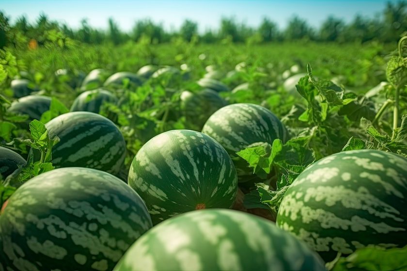 Mature big watermelons in the watermelon field, background blurry. Generative AI