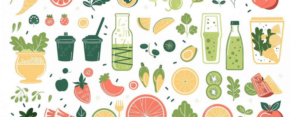 Healthy organic vegan food. Cooking dietary dishes. Vegetarian cafe. Set of icons in flat geometric style. Abstract signs. Vegetables, fruits, green tea, smoothies and salads. Vector illustration.