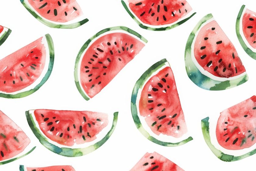 Seamless pattern of watercolor watermelon slices on a white background, perfect for summertime fabric or wrapping paper.